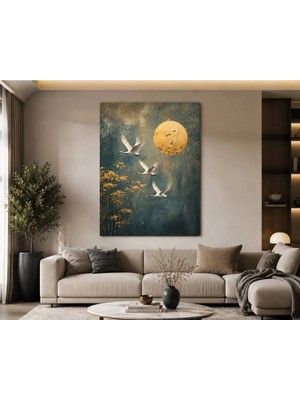 Sennight Kanvas Tablo Modern Soyut Turna Kuşları Altın Ay Temalı Yeşil Gold Dokulu Çerçevesiz Dekoratif Duvar Tablosu Salon Antre Koridor Yatak Odası