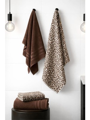 4 Parça Lüks Banyo Havlu Seti Leopar Desenli 2 Adet 70X140CM 2 Adet 50X90CM Kahve Kombin, 4lu-Leop