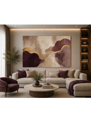 Sennight Modern Soyut Mürdüm Kanvas Tablo Gold Detaylı Bej Krem Tonlu Elegant Duvar Dekoru Salon Antre Dresuar Üzeri Çerçevesiz Kanvas Baskı
