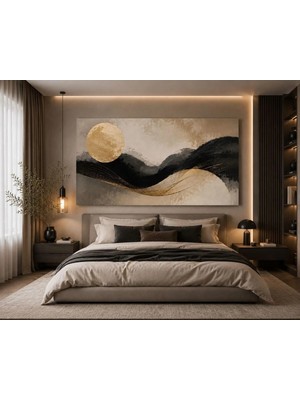 Sennight Kanvas Tablo Altın Ufuk Soyut, Bej Siyah Gold Dalga Desenli Modern Dekoratif Duvar Tablosu, Salon Ofis Çalışma Odası Için