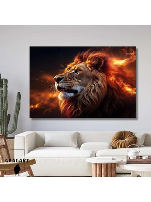 Tekli Yatay Kanvas Duvar Tablosu Yan Açı Alevli Aslan Görseli, 150 x 100
