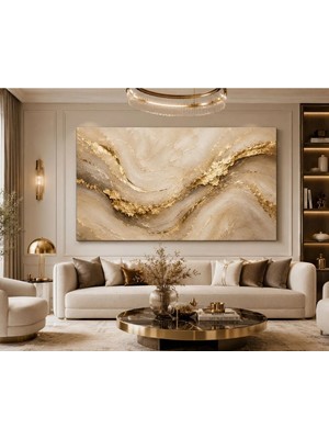 Sennight Kanvas Tablo Lüks Altın Dalgalar Soyut Bej Gold Dokulu Modern Dekoratif Duvar Tablosu Salon Ofis Çalışma Odası