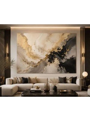 Sennight Kanvas Tablo Lüxora Gold Harmony Soyut – Bej, Siyah ve Altın Dokulu Modern Duvar Tablosu; Premium Salon, Yatak Odası, Ofis