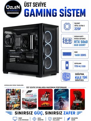 Özlen X59 ULTRA 5 225F RTX 5060 8GB 16GB DDR5 RAM 1TB M.2 SSD Üst Seviye Oyuncu Bilgisayarı