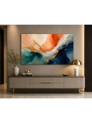 Sennight Kanvas Tablo Modern Soyut Renk Patlaması, Turuncu Mavi Altın Detaylı Çerçevesiz Dekoratif Duvar Tablosu - Salon, Antre, Dresuar