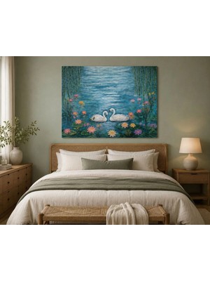 Sennight Kanvas Tablo Göl Kenarında Kuğular Nilüferler Mavi Tonlarda Romantik Doğa Manzarası Çerçevesiz Dekoratif Salon Yemek Odası Yatak Odası
