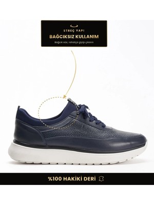 Fame Step Hakiki Deri Erkek Yürüyüş Ayakkabısı Casual Comfort Streç Yapı Bağcıksız Kullanım Ortopedik Günlük Rahat Taban Lacivert Sneaker