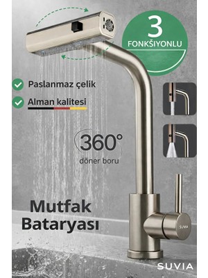 Suvia Mutfak Bataryası 3 Fonksiyonlu 360° Döner Uzatmalı Musluk Paslanmaz Çelik Çekmeli Duş Başlıklı