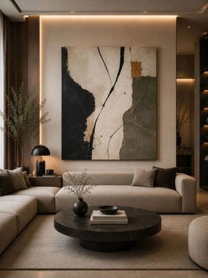 Sennight Kanvas Tablo Modern Soyut Bej Siyah Altın Dokulu - Minimalist Dikey Çerçevesiz, Salon Yatak Odası Ofis