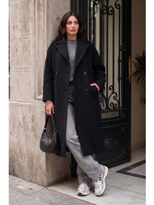 Lela Oversize Fit Mono Yaka Düğmeli Buklet Uzun Kaşe Kaban Kadın Kaban 6811997