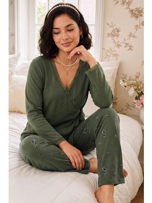 Lela Desenli Dantel Detaylı Bağlamalı Uzun Kollu Pijama Takımı Kadın Pijama Takımı 6575024