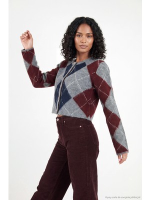 Lela Regular Fit Bisiklet Yaka Baklava Desenli Düğmeli Crop Hırka Kadın Hırka 4615570