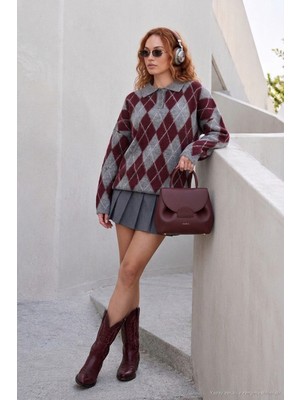 Lela Oversize Baklava Desenli Düğmeli Polo Yaka Kazak Kadın Polo Yaka Kazak 4615593