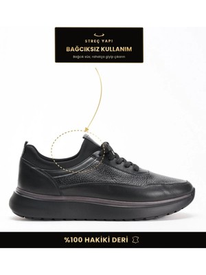 Fame Step Hakiki Deri Erkek Yürüyüş Ayakkabısı Casual Comfort Streç Yapı Bağcıksız Kullanım Ortopedik Günlük Rahat Taban Siyah Sneaker
