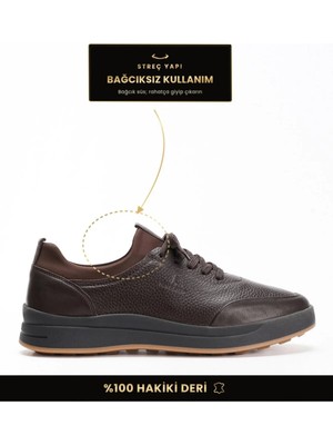 Fame Step Hakiki Deri Erkek Yürüyüş Ayakkabısı Casual Comfort Streç Yapı Bağcıksız Kullanım Ortopedik Günlük Rahat Taban Kahverengi Sneaker Napoli