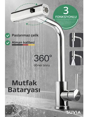 Suvia Mutfak Bataryası 3 Fonksiyonlu 360° Döner Uzatmalı Musluk Paslanmaz Çelik Çekmeli Duş Başlıklı