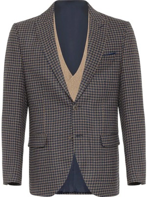 Süvari Lacivert-Kahve Erkek Slim Fit Armürlü Takım Elbise TK1020200170