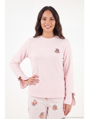 Lela Ayıcık Desenli Lastikli Bel Uzun Kollu Yumuşak Dokulu Pijama Takımı Kadın Pijama Takımı 6575023