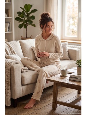 Lela Ayıcık Desenli Lastikli Bel Uzun Kollu Yumuşak Dokulu Pijama Takımı Kadın Pijama Takımı 6575023