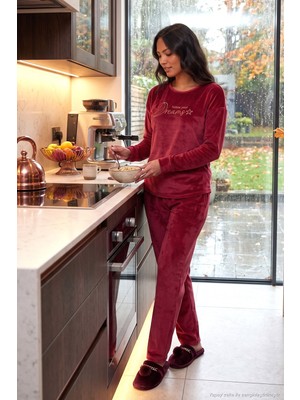 Lela Bisiklet Yaka Yumuşak Dokulu Parlak Kadife Pijama Takımı Kadın Pijama Takımı 6094209