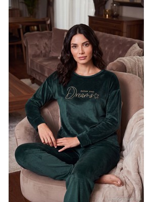 Lela Bisiklet Yaka Yumuşak Dokulu Parlak Kadife Pijama Takımı Kadın Pijama Takımı 6094209