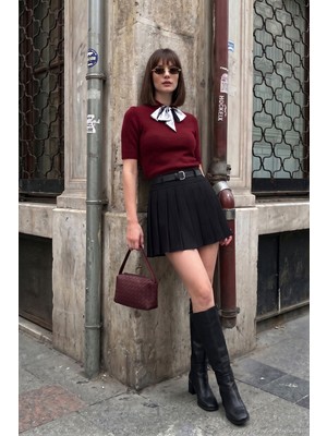 Lela Kemer Detaylı Pileli Mini Şort Etek Kadın Şort Etek 5867046