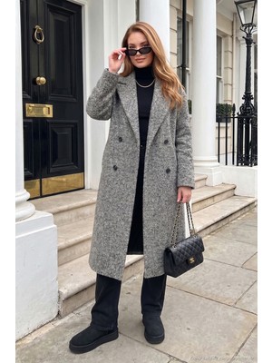 Lela Oversize Fit Mono Yaka Düğmeli Buklet Uzun Kaşe Kaban Kadın Kaban 6811997