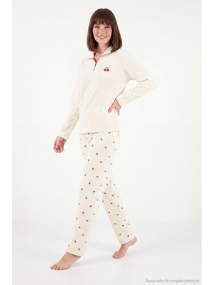 Lela Desenli Yumuşak Dokulu Yarım Fermuarlı Dik Yaka Pijama Takımı Kadın Pijama Takımı 6575017