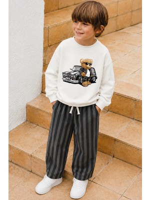 Monila Erkek Çocuk Ekru Araba Baskılı Pamuklu Sweatshirt ve Antrasit Çizgili Eşofman Alt Üst Takım