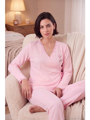 Lela Desenli Dantel Detaylı Bağlamalı Uzun Kollu Pijama Takımı Kadın Pijama Takımı 6575024