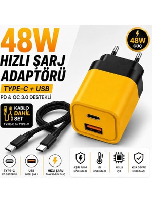 Smayling 48W Hızlı Şarj Adaptörü + Type-C To Type-C Kablo Seti | Pd & Qc 3.0 Destekli | USB + Type-C Çift Giriş | Akıllı Koruma | Hızlı Şarj Aleti