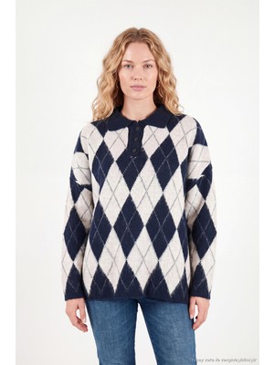 Lela Oversize Baklava Desenli Düğmeli Polo Yaka Kazak Kadın Polo Yaka Kazak 4615593