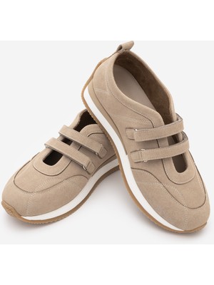 Marjin Kadın Süet Mary Jane Çift Bantlı Retro Sneaker Günlük Spor Babet Ayakkabı Golyate Bej Süet
