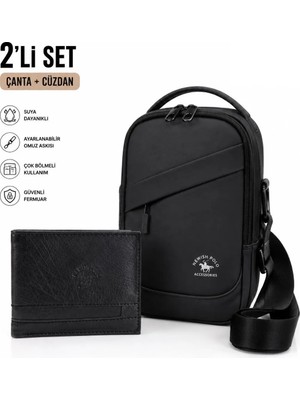 Newish Erkek Siyah  USB Çıkışlı Çapraz Askılı Bel Çantası ve Cüzdan Kartlık - NEW422