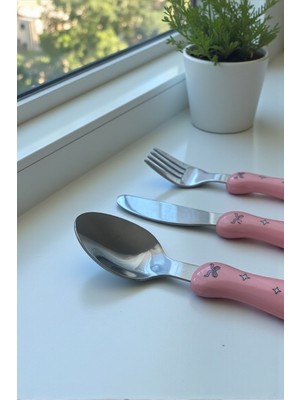 Dore Voir 3 Parça Çocuk Çatal Kaşık Bıçak Seti Paslanmaz Çelik-Pembe Renk