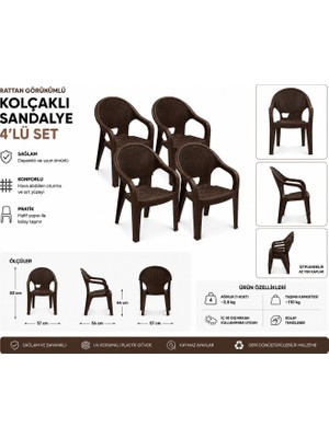 Violet Rattan Plastik Sandalye, Flash, Kahverengi, 4 Adet