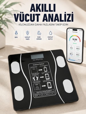 Kuzgun Ticaret Akıllı Vücut Analiz Baskülü Bluetooth Bağlantılı 4 Sensörlü LCD Ekranlı Dijital Tartı - Lisinya