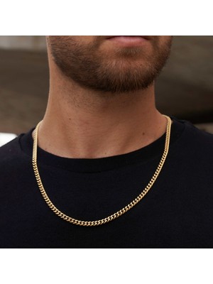 Parla Erkek Miami Küba Kolye Çelik 14 Ayar Altın Kaplama 6 mm 45 cm