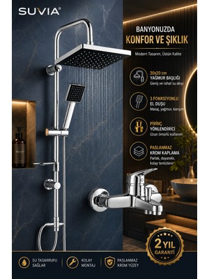 Suvia Duş Seti Banyo Bataryası 20X20 Yağmurlama Duş Sistemi Fonksiyonlu El Duşu Pirinç Yönlendiricili