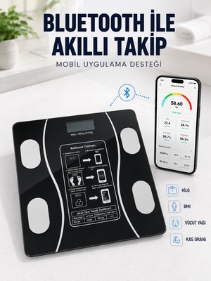 Kuzgun Ticaret Akıllı Cam Baskül Bluetooth Mobil Uygulamalı Vücut Analiz Tartısı 180 kg LCD Ekran - Lisinya