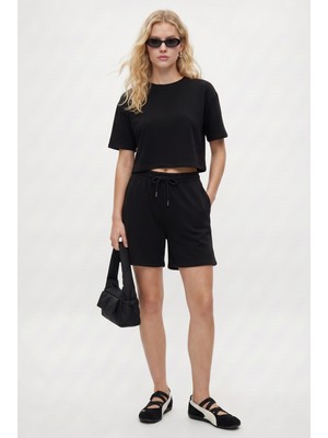 Ritnice Kadın Molly %100 Pamuk Bel Lastikli Şort Crop T-shirt Örme Siyah Alt Üst Takım