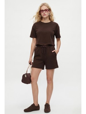 Ritnice Kadın Molly %100 Pamuk Bel Lastikli Şort Crop T-shirt Örme Kahverengi Alt Üst Takım