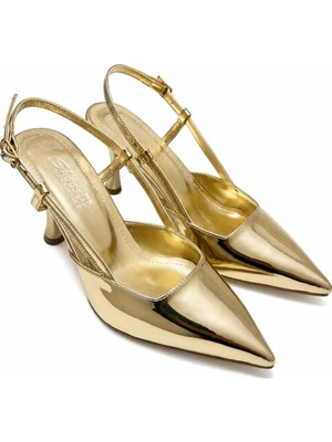Asmi Shoes Kadın Matina Altın Rugan 7 cm Topuklu Sivri Burun Arkası Açık Ayakkabı