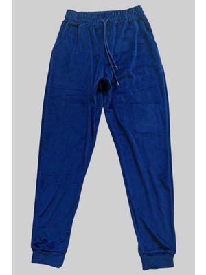 Kuzgun Ticaret Parlak Kadife Cepli Pantolon Eşofman Pijama Altı Unisex Lastikli Paça Lacivert