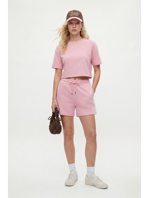 Ritnice Kadın Molly %100 Pamuk Bel Lastikli Şort Crop T-shirt Örme Pembe Alt Üst Takım