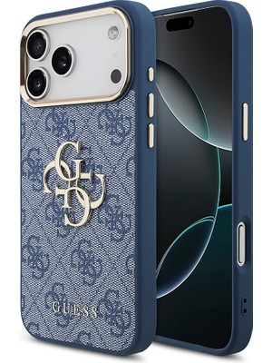 iPhone 18 Pro Max Kılıf Guess Lisanslı Gold Metal Kamera Çerçeve Metal Büyük 4g ve Yazı Logolu Mavi