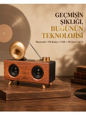 Çift Hoparlörlü Retro Bluetooth Speaker 1800MAH Bataryalı Aux USB Sd Kartlı - Lisinya
