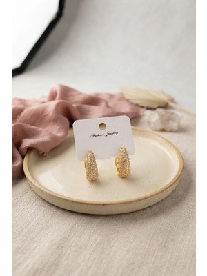 HemenGo Gold Renk Zirkon Taşlı Damla Halka Model Kadın Küpe