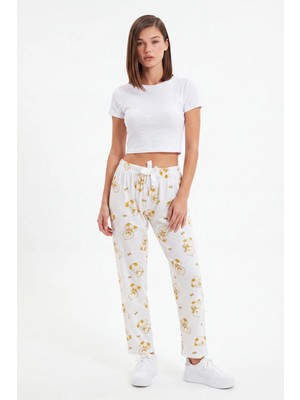 Cemo Sarı Kedi ve Fiyonk Baskılı Beli Lastikli Bağcıklı Pijama Altı
