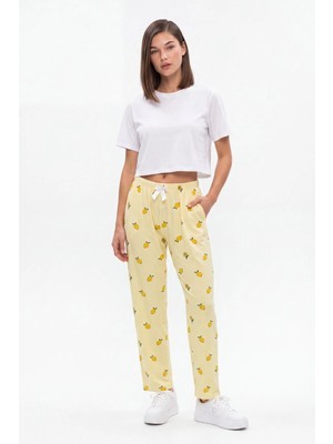 Cemo Sarı Limon Baskılı Beli Lastikli ve Fiyonk Detaylı Pijama Altı
